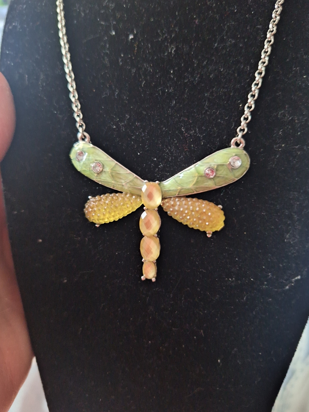 Dragonfly Pendant Necklace in Green and Yellow - Picture 2 of 5